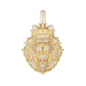 M2-2371 Regal Crowned Lion Head Pendant Blinged-Out Iced-Out Charm for Hip Hop Streetwear Statement Accessory