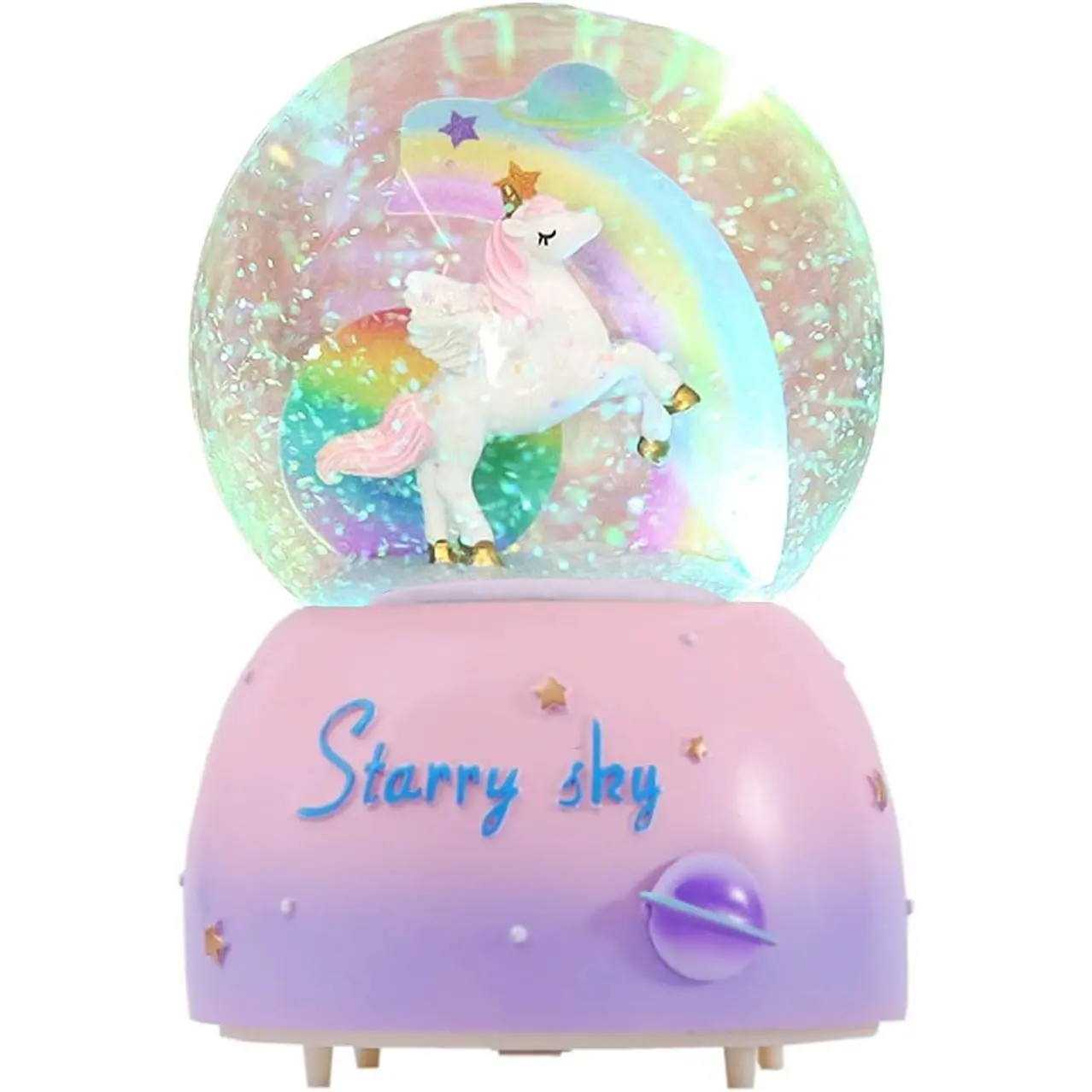 Unicorn Music Snow Globe, 3.94inch Automatic Snowfall Music Box, with LED Rainbow Snow Lights, Ideal Gift for Birthdays, Christmas, Girls