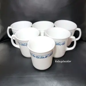 Vintage Corning USA Made Blue Onion Cups Floral Scroll Milk Glass Mugs Set of 6  Washable Reusable Drinkware