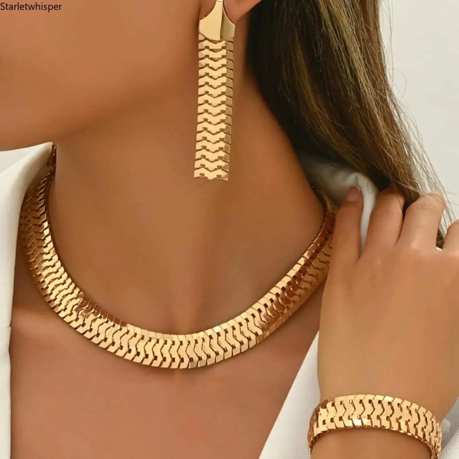 Elegant 3Pcs Chain Jewelry Set for Women, Necklace, Dangle Earrings & Bracelet, Trendy All-match Accessories for Daily Wear, Party, Birthday & Holiday Gifts