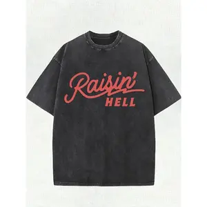 heavy-duty cotton street style T-shirt - Vintage washed 'Raisin' HELL' pattern print, round neck short sleeve, casual summer shirt, machine washable