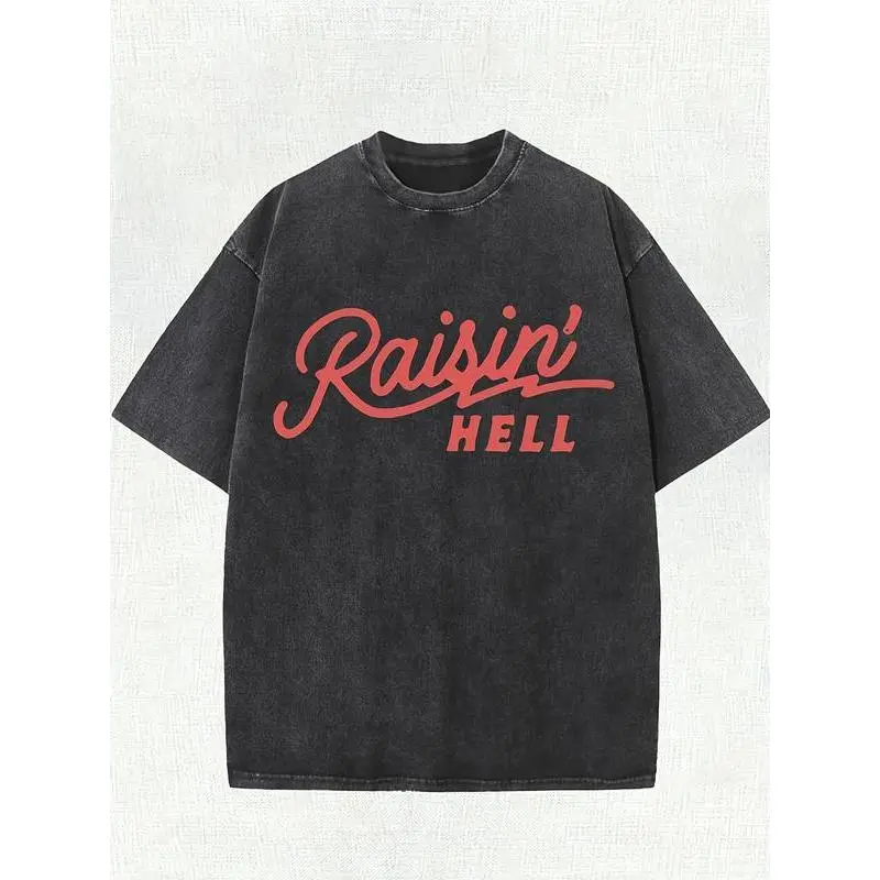 Vintage Washed Heavy-Duty Cotton T-shirt, Unisex Street Style 'Raisin' Hell' Graphic Top, Classic Round Neck Shortsleeve Garment
