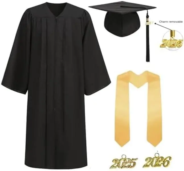 Matte Graduation Cap and Gown 2026 Set with Tassel Adult Unisex High School College Bachelor Robe Costume Fabric Loose Soft Clothes