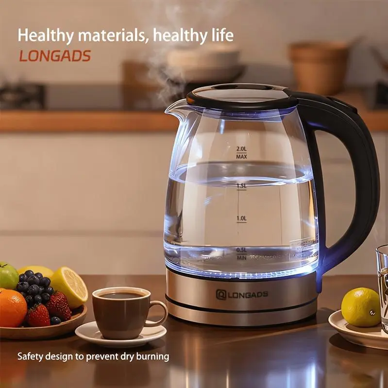 Electric Kettle, 67.63oz Large Capacity, Glass Electric Kettle, 1000W High Power, Anti-dry Burning And Rapid Heating, Suitable For Kitchen, Dining Room And Living Room, For Brewing Coffee And Milk, Saving More Heating Time And Being Safer.