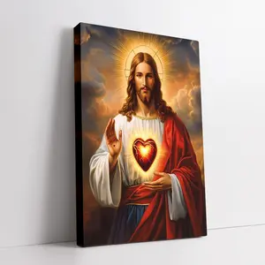 Sacred Heart of Jesus Canvas Art Print - Modern Religious Wall Decor, Religious Decorations, Modern Home Decor with Vintage Wooden Frame, Vibrant Colors and Dramatic Clouds - Suitable for Living Room, Bedroom, Spiritual Gift, Religious Artwork
