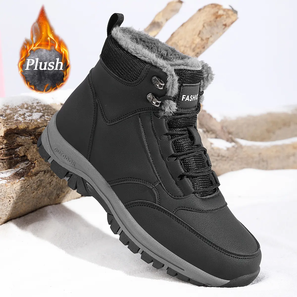 Men's Waterproof Fur-Lined Snow Boots With Non-Slip Rubber Sole - Insulated Winter Footwear for Hiking Shoveling Work and Daily Commuting Outdoor Tactical Hiking Boots Boy Footwear Walking Shoes