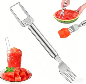 2-in-1 Watermelon Slicer Fork, Stainless Steel Dual-Ended Cutter and Fork, Quick Watermelon Cube Cutter Tool