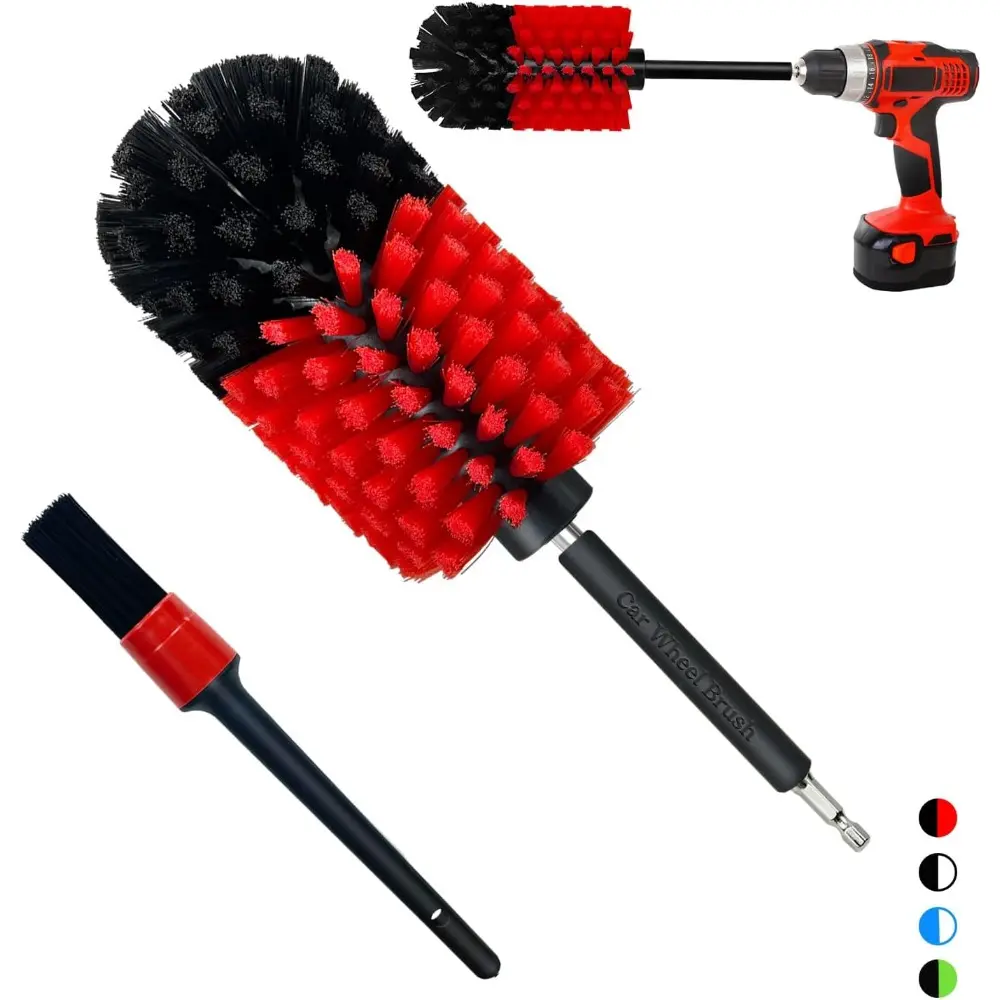 Wheel Brush Kit, Soft Drill Wheel Cleaner Brush, No Scratches Highly Dense Cleaning Brush Set For Wheels, For Rims, For Engines, For Exhaust (Red/Black, 2 Pcs)