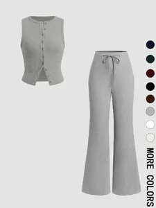 Women's Casual Summer Plain Color Sleeveless Top & Wide Leg Drawstring Pants Set, Slim-Fit Design, Comfortable Knit Fabric, Perfect for Daily Wear, Womenswear