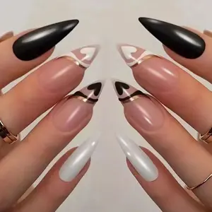 Translucent pink long stiletto nails with black and white combination and heart-shaped gold accents, European and American style wearable nail art, finished fake nails W924Pcs Long Stiletto Marble Soft Gel Press On Nails with Nail File for Women Lightweig
