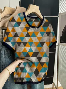 Geometric Triangle Patchwork Colorblock Sweater, Casual Short Sleeve Crewneck Knit Top, Comfortable Warm Women's Clothing for Fall Winter