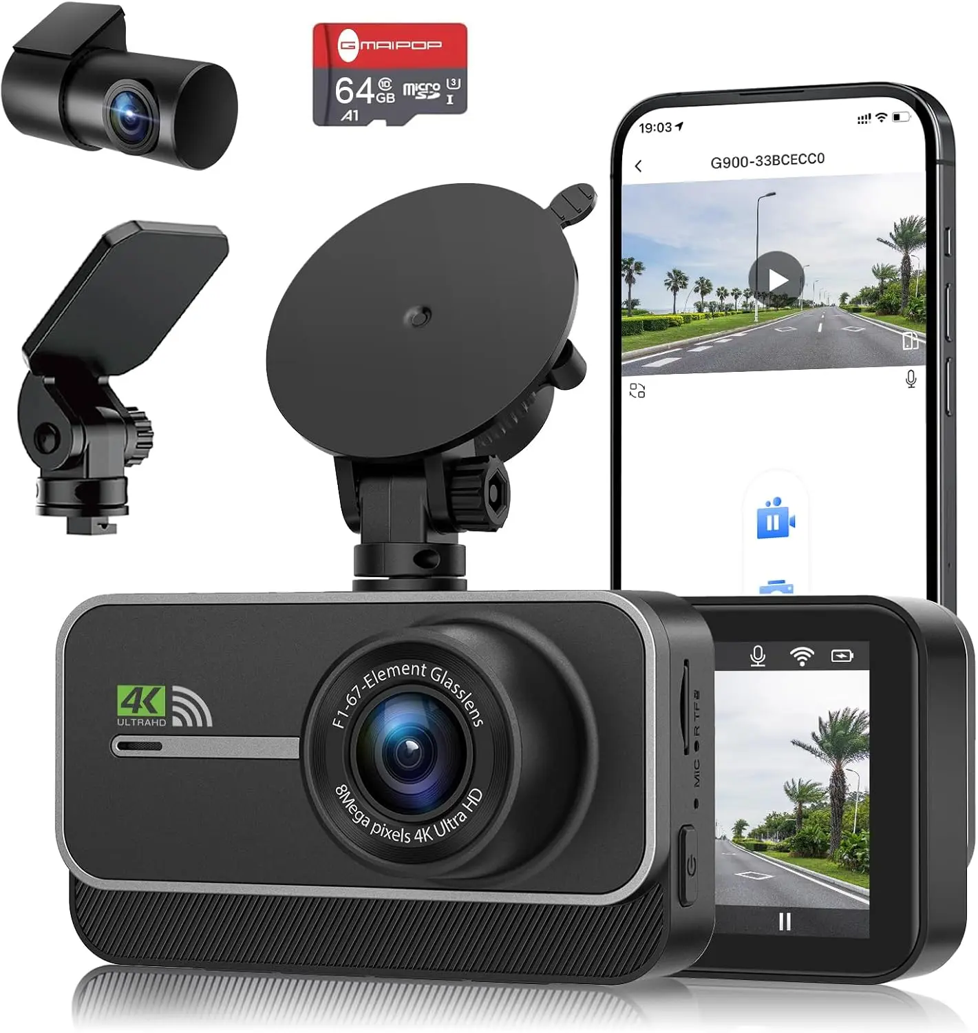 Dash Cam Front and Rear 4K+1080P WiFi Dual Dash Camera for Cars with App 3" IPS Dashboard Camera Recorder Night Vision 24H/7 Parking Mode Loop Recording 170° Wide Angle Free 64GB SD Card