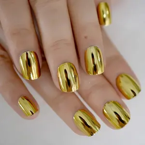 24pcs Short Square Glossy Nail Tips, Trendy European Style Metal False Nails, Square Fake Nails, Easy to Apply, Long-Lasting, Perfect for Parties