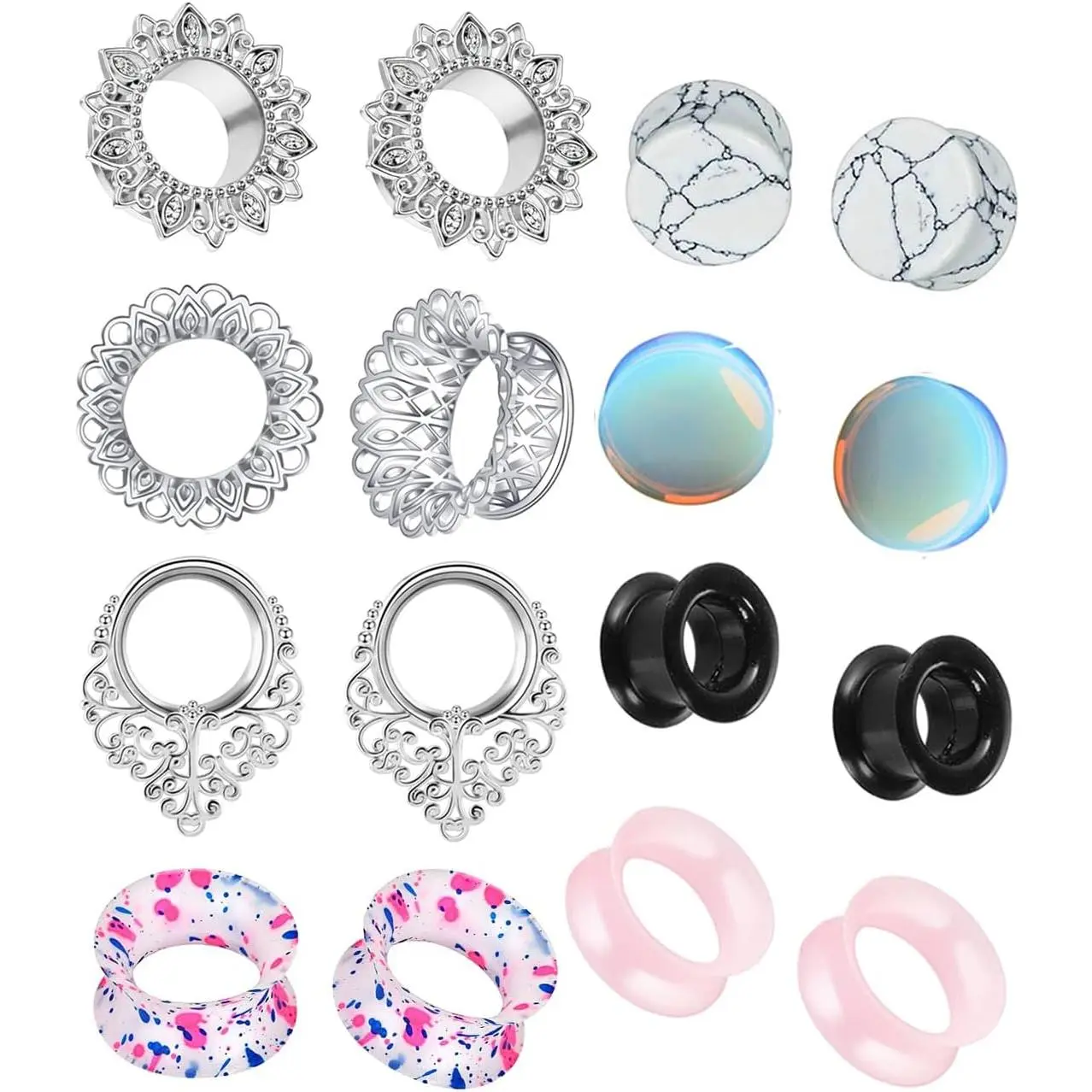 8 Pairs Stainless steel Ear Tunnels Earrings Silicone Gauges Plugs For Ear Brass Hollow Plugs and Tunnels Glass Piercings Stretcher Kit 2g 00g 5/8, 10Mm=00G