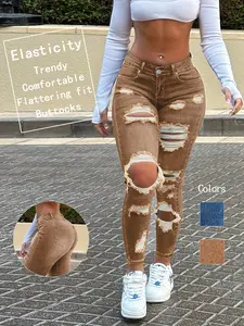 Women's Trendy Denim Jeans Spring Summer New Arrival, Ripped Design Slim Fitted Fit High Elasticity Long Pants, Soft Comfortable Fashion Jeans Button