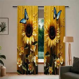 2 pieces of sunflower butterfly printed semi-transparent Floral Sheer Curtains. Suitable for living room, bedroom and home decoration. Hand washable, machine washable. Can also be used as a gift.