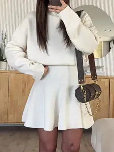 Women's Casual Solid Color Long Sleeve Fitted Two-Piece Set, Knit Clothing Sets, Sweater Short Skirt, Comfortable and Stylish, Perfect for Daily Wear