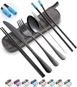 Travel Utensils Set with Case Reusable Portable Cutlery Set Stainless Steel 8pcs Including Dinner Knife Fork Spoon Chopsticks straws(Black)