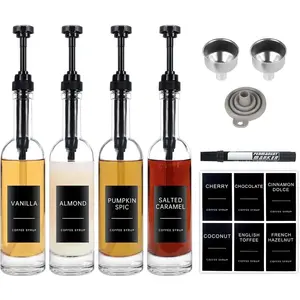 Coffee Syrup Dispenser for Coffee Bar Accessories  Pump Dispenser, Glass Syrup Bottle with Pump and Labels, 350 ml, Set of 4 Black