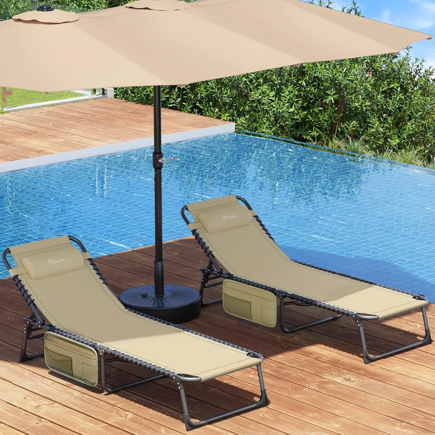 【Dealsforyoudays】Yitahome 1PC/2PCS Folding Sun Lounger, Camping Lounger with 4 Adjustable Positions, Sun Loungers with Removable Headboard and Side Po
