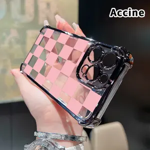Four Corner Anti-Fall Pink checkered Pattern Phone Case for iPhone 16 Pro Max 15 Plus 14 13 12 11 E Shockproof Transparent Electroplated Protective Cover