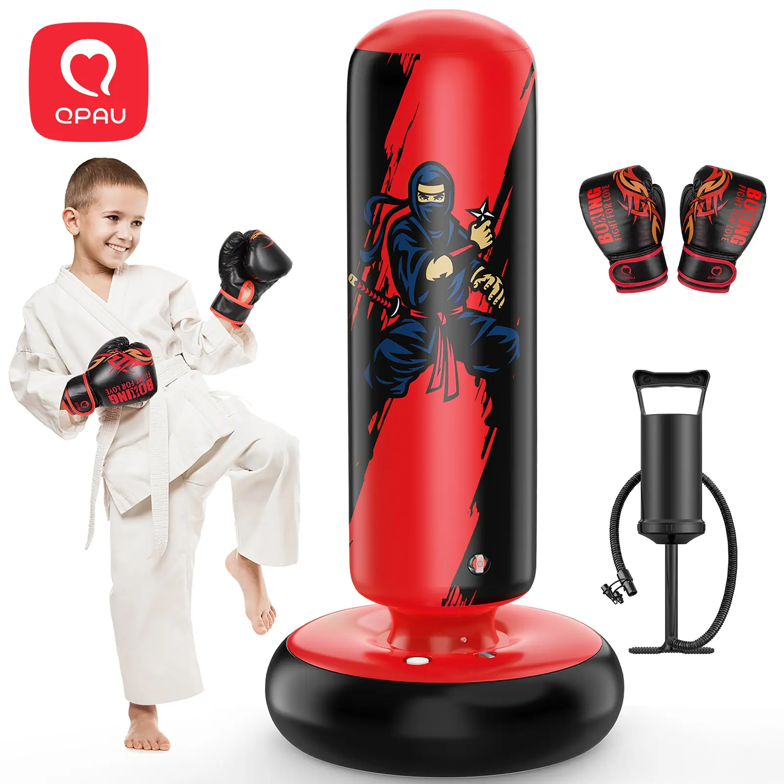 QPAU Kids Boxing Bag with Gloves 66-Inch Stabilized Inflatable Boxing Set for Boys Girls Ages 5-12 Karate Kickboxing MMA Sports Equipment Training Durability Rebound homeessentials, back to school