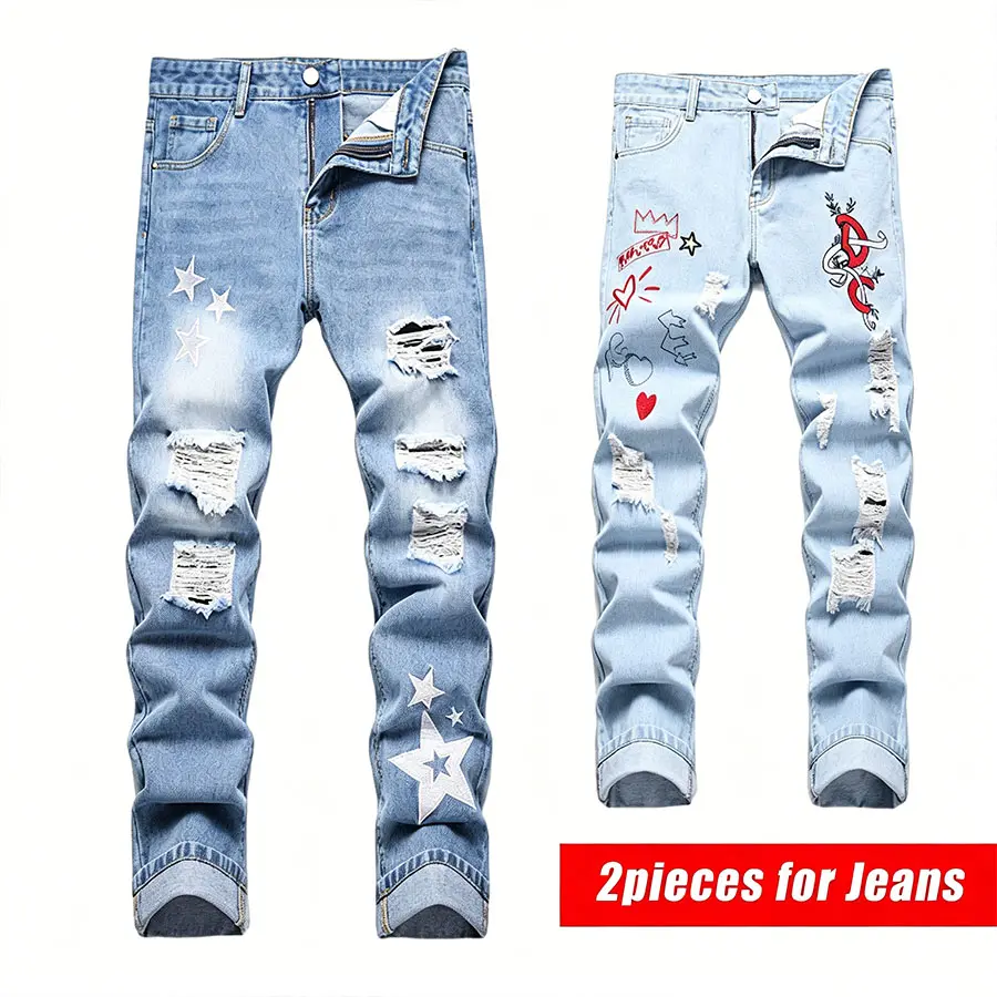 New Arrival! 2 - Piece Men's Light Blue Distressed Ripped Jeans Set with Star & Cartoon Embroidery | Trendy Streetwear Denim Pants for Fashion Casual Pockets