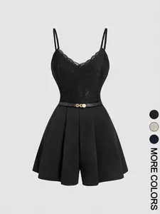 1 piece Women's Spring Summer Lace Spliced Cami Fitted Playsuit V Neck Sleeveless Womenswear Jumpsuit with Belt, Chic Elegant Fashion for Casual Outings, Getaway Style, Holiday Outfit, Coffee Date, Everyday Chic
