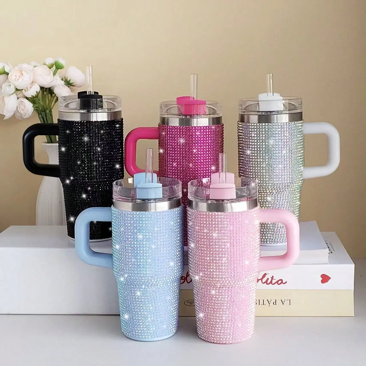 14oz Double Wall Vacuum Insulated Stainless Steel Tumbler - Rhinestone Decor, Handle, Built-in Straw, Leak-Proof Flask, Multicolor Portable Everyday Tumbler (0-500ml), Print Pattern Summer Drinkware, Back To School Gift, Flasks, Vacuum Insulated Cup