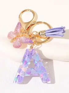 New Butterfly Letter Keychain, Keychain Charm, Resin Alphabet Shape Keyring with Tassel Bag Decoration, Women's Car Hanging Pendant Gift
