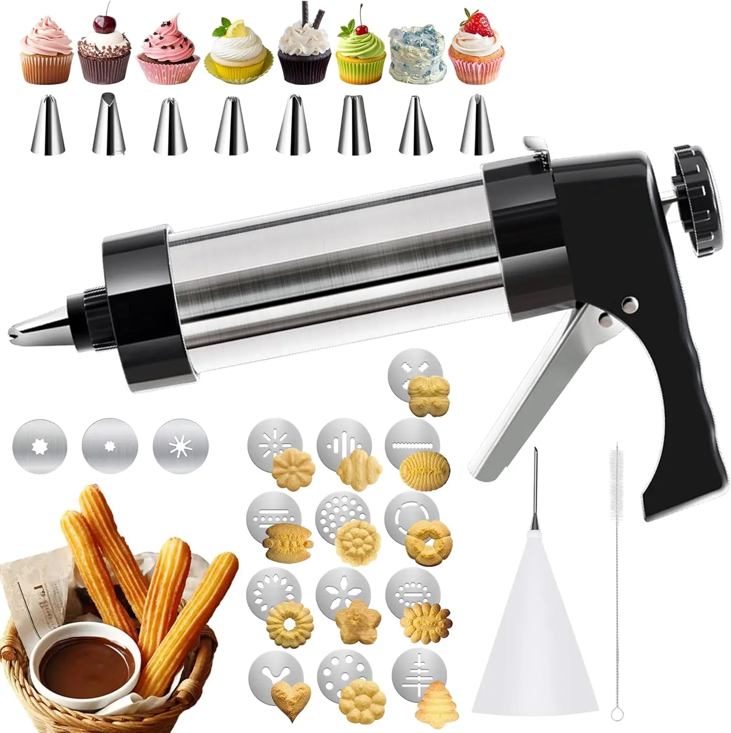Stainless Steel Cookie Press Set - 28pcs Kitchen Bakeware Utensils with 16 Cookie Discs, 8 Piping Tips, 2 Brushes for DIY Cake Decorating, Fry Prep, Holiday & Party Creativity, Ideal for All Occasions & Friends, Holidays