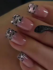 24Pcs Medium Square Fake Nails for Women/Girls - Black Stripes, Silver Glitter, Pink & Black Silver Leopard |   Full Coverage Stick On Nails w/ Adhesive Tabs, Mini File, Jelly Gel |   Nail Supplies (Random Shipment)