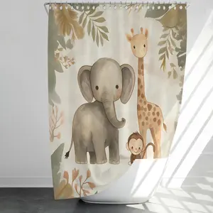 Elephant & Giraffe Pattern Shower Curtain Set, 1 Count Waterproof Shower Curtain Or 4 Counts Shower Curtain & Floor Mat & Toilet U-mat & Toilet Cover Mat, Bathroom Decor