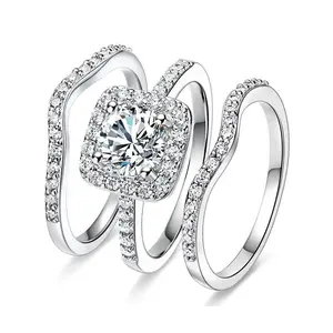 Classic Round-Cut Three-in-One 3-Piece Halo Set – Wedding, Engagement, Promise, Eternity Rings for Women; Ideal as a Mother’s Day or Birthday Gift; Model R-0969