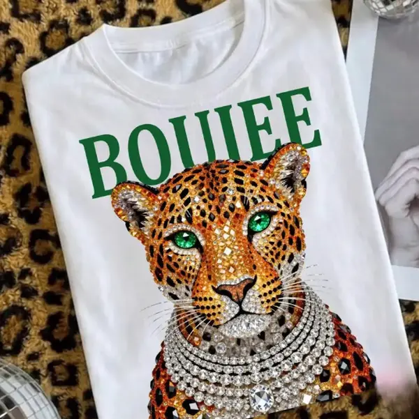 comfy Vintage Leopard Print Shirt, Glam Fashion Graphic Tee, Trendy Animal Print T-Shirt,Boujee Diamond Bling Leopard Head Graphic T-Shirt, Womens White Luxury Aesthetic Short Sleeve, Rhinestone Effect Boujee Leopard Casual Tee, Glam Fashion Top