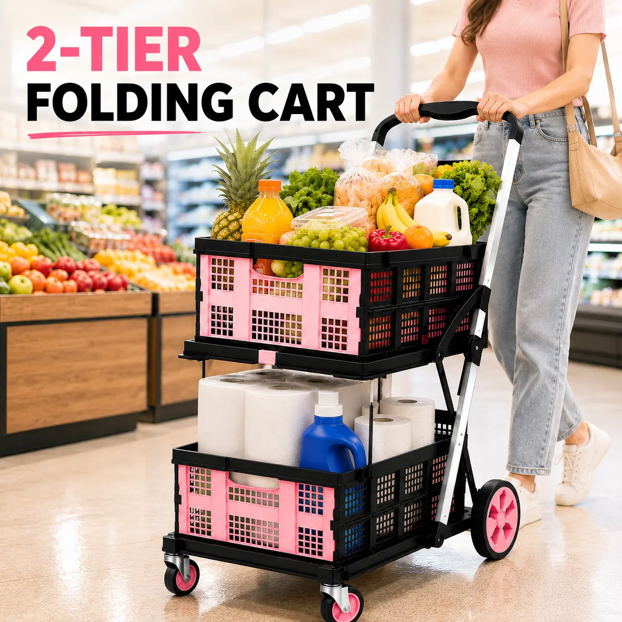 2-Tier Foldable Rolling Grocery Cart, Portable Shopping Cart with 2 Large Baskets, Easy to Store in Car Trunk, for Supermarket, Home, Outdoor & Camping Use
