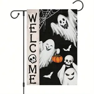 Halloween Garden Flag 12x18 Double Sided - Spooky Welcome Burlap Yard Flag With Ghosts, Bats & Pumpkin Design, Durable Polyester Outdoor Decor For