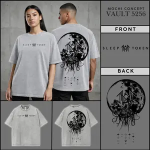 Sleep Token Band Logo Washed T-Shirt, Moon Graphic Front and Back Print Crewneck, Alternative Metal Music Fan Gift for Women Men Unisex Streetwear Pullover