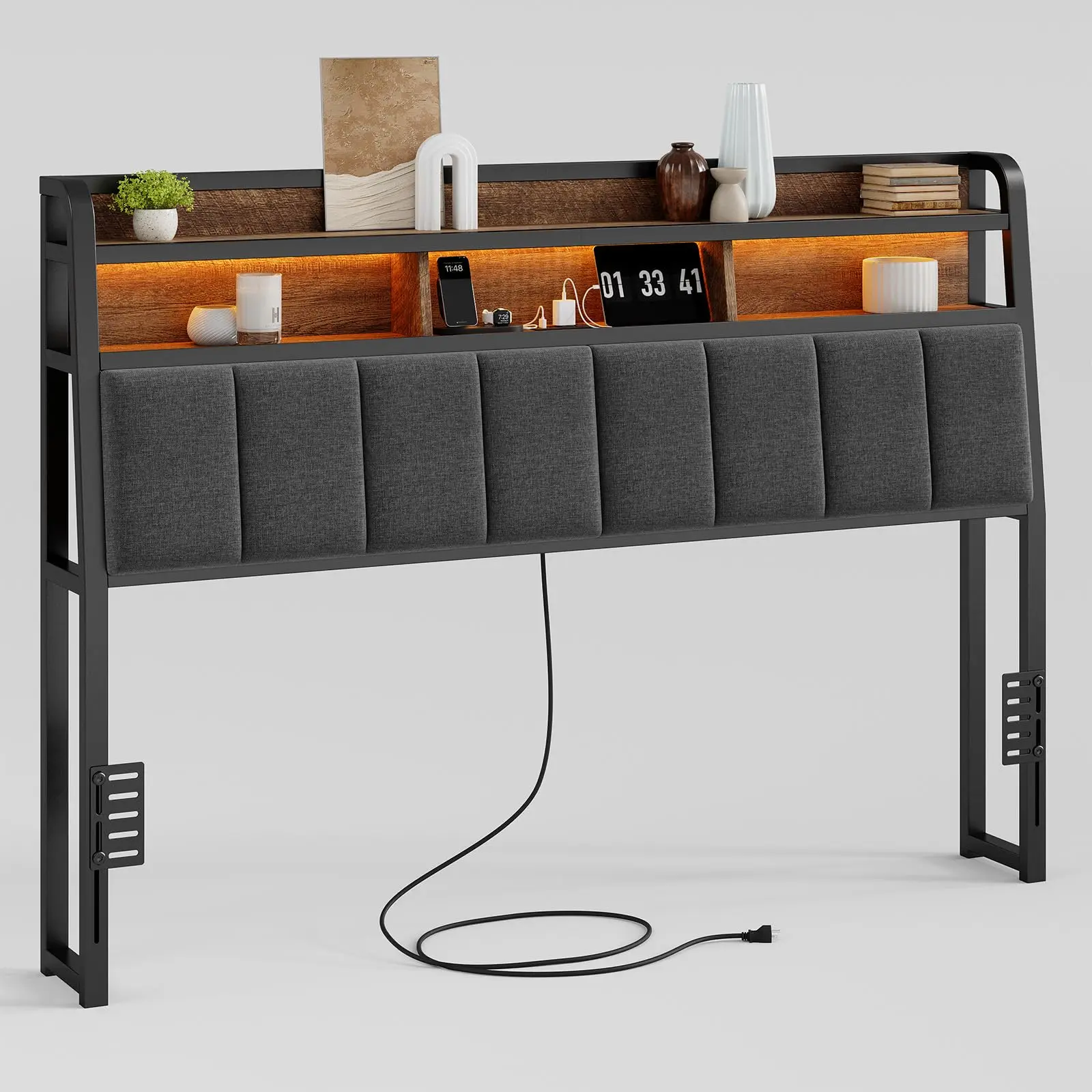 【SummerFinds】ONBRILL Ergonomic Queen Size Fabric-Covered Headboard - 2-Tier Storage, Built-In Outlets & USB Ports, LED Light, Curved Corners, Flexible Foam, Built-In Connector, Height Adjustable, Compatible with LED & Queen Bed Frames (Headboard Only), Le