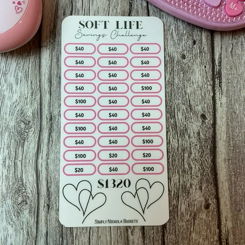Soft Life Savings Challenge Tracker with $40 $100 $20 Slots for Budgeting and Financial Planning