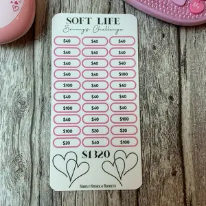 Soft Life Savings Challenge Tracker with $40 $100 $20 Slots for Budgeting and Financial Planning