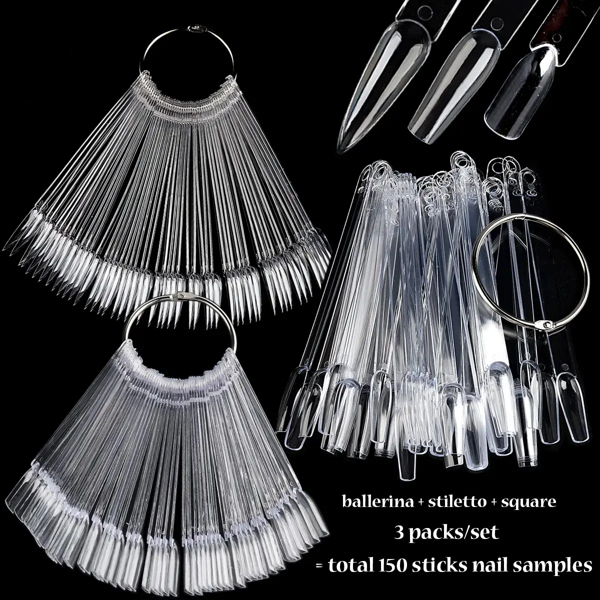 Nail Color Swatch Sticks with Ring, 150pcs Ballerina Square Stiletto Clear Nail Tips, Nail Polish Display Sample Sticks, Salon Quality Nail Salon Supplies, Nail Samples, Nail Art, Nail Design Tools, Nail Art Accessories