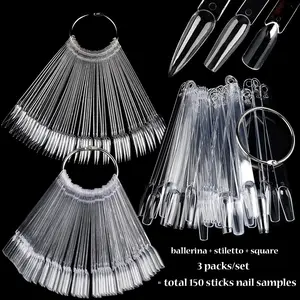 Nail Color Swatch Sticks with Ring, 150pcs Ballerina Square Stiletto Clear Nail Tips, Nail Polish Display Sample Sticks, Nail Salon Supplies, Nail Samples