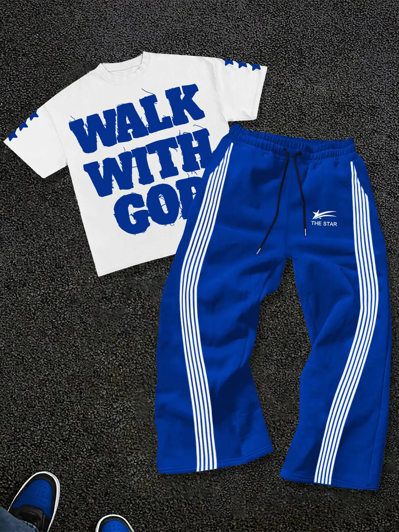 Fashion Street Style Casual Sporty Print Round Neck T-Shirt Set with Striped Sweatpants Two-Piece for Summer
