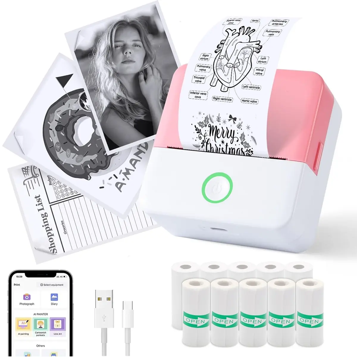 Mini Sticker Printer, Portable Inkless Sticker Maker, Pocket Photo Printer, Thermal Printer Label Maker with 10 rolls Paper, Portable Handheld Printer, for Pictures, Photos, Journals, DIY, Label Printing, Compatible With IOS&Android