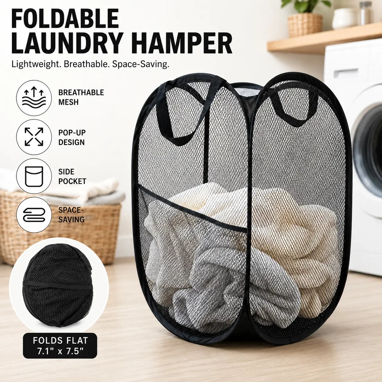 Black Oval Collapsible Mesh Laundry Basket with Side Pocket, Pop-Up Lightweight Breathable Storage Bin for Laundry Room, Bedroom & Travel