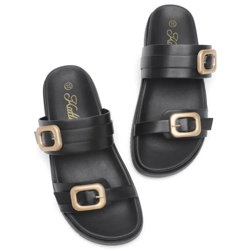 katliu Women's 2-Strap Buckle Strap Slides - Arch Support, Cushioned, Breathable Beach Sandals with Anatomically Contoured Footbed for Daily & Outdoor Summer Wear