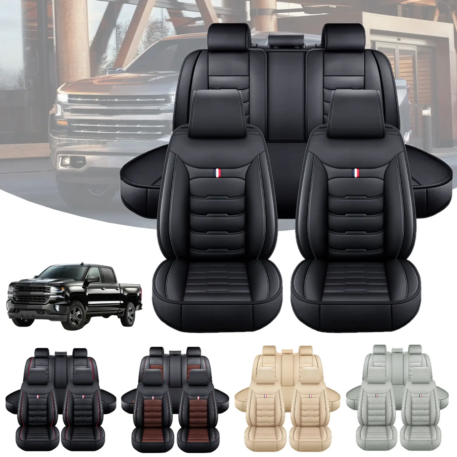 Fits For Chevrolet Silverado GMC 1500 2500HD 3500HD Car 5 Seat Covers Full Set PU Leather Front Rear Cushion Protector Pad Open Side Mat
