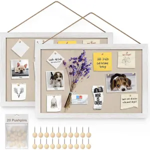 2-piece cork board with linen fabric, 16x11 inch bulletin board, office decoration, hanging wooden frame display picture, vision board, wall lighting, suitable for schools, offices, and bedrooms, 20 push pins, vintage white.