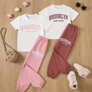 #SummerVibes 4-piece girl summer round neck printed short-sleeved shirt elastic waist leisure comfortable trousers suit children's leisure dance breathable skin-friendly children's suit